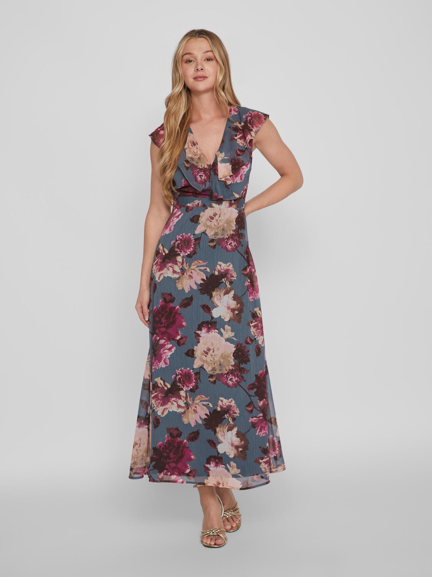 Vila Maxi Jurken Jurk Rilla Dames Duifblauw